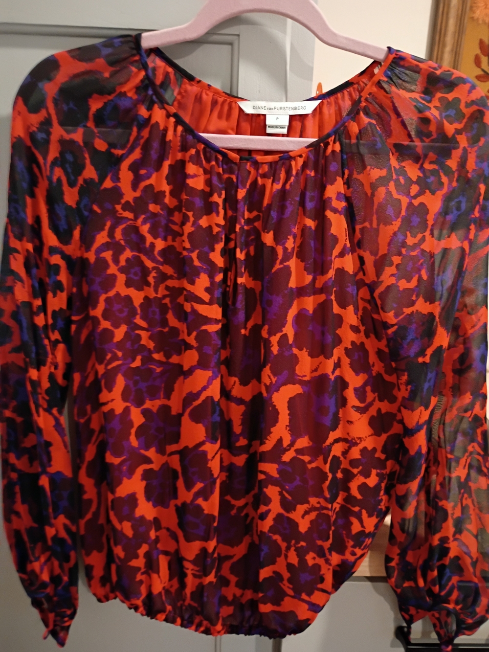Diane Von Furstenberg Orange and Purple Printed Sheer Blouse